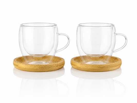 Luniva 2’li 90 ml Çift Cidarlı Cam Kahve Fincanı Seti – Bambu Altlıklı Espresso ve Çay Bardağı