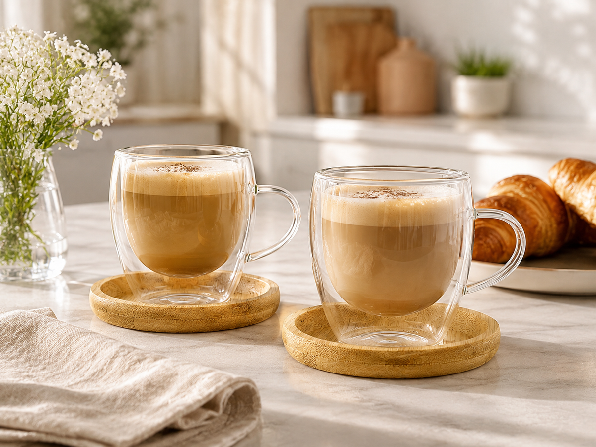 Luniva 2’li 90 ml Çift Cidarlı Cam Kahve Fincanı Seti – Bambu Altlıklı Espresso ve Çay Bardağı