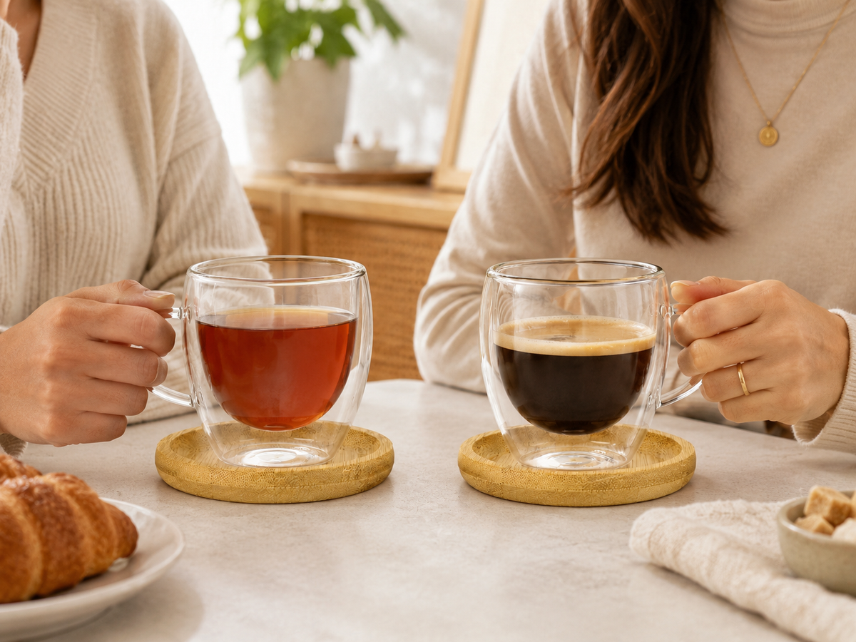 Luniva 2’li 90 ml Çift Cidarlı Cam Kahve Fincanı Seti – Bambu Altlıklı Espresso ve Çay Bardağı