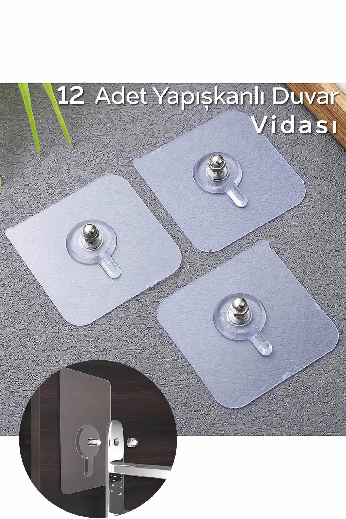 Matkap Delme Yok ! 12 Adet Güçlü Yapışkanlı Duvar Vidası - Elbise Çervece Askısı Duvar Kancası Çivi
