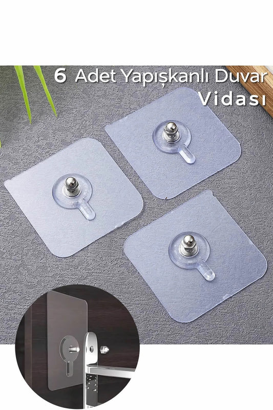 Matkap Delme Yok ! 6 Adet Güçlü Yapışkanlı Duvar Vidası - Elbise Çervece Askısı Duvar Kancası Çivi