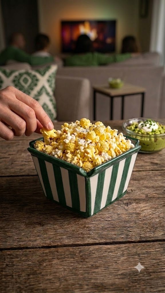 Yeşil Beyaz Çizgili Seramik Popcorn Kasesi - Patlamış Mısır & Cips Kasesi, Sinema Gecesi Sunumluğu