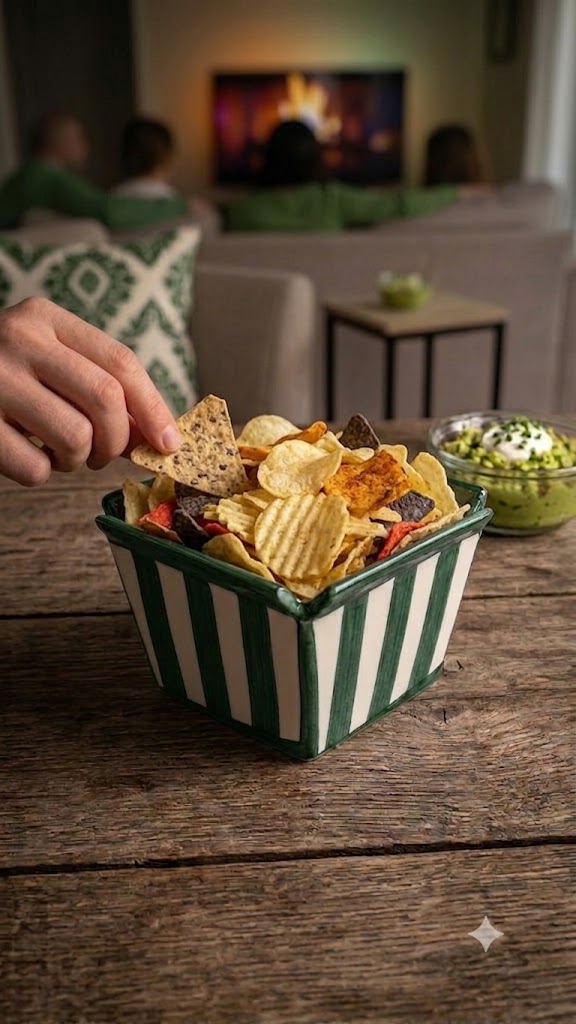 Yeşil Beyaz Çizgili Seramik Popcorn Kasesi - Patlamış Mısır & Cips Kasesi, Sinema Gecesi Sunumluğu