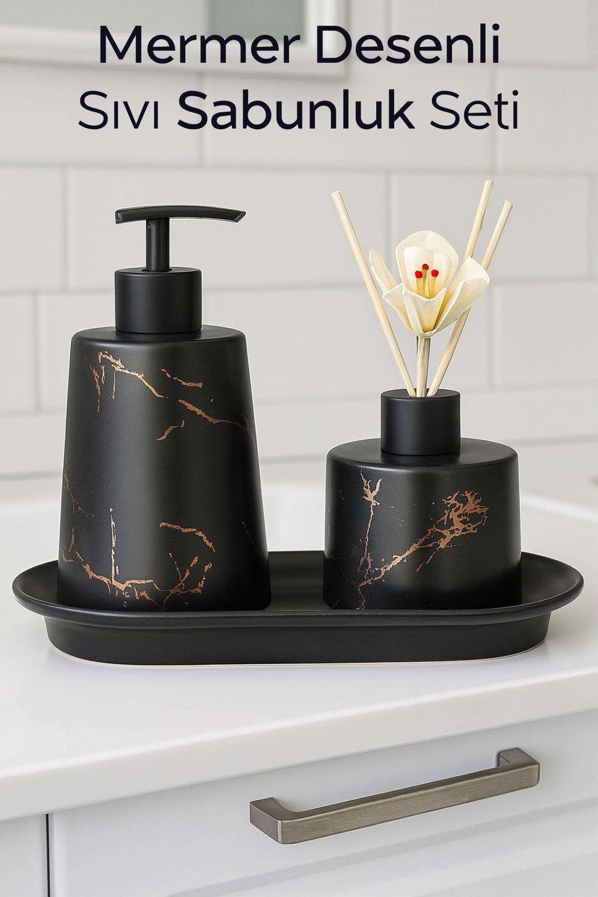 Modern Mermer Desenli Banyo Seti | Siyah Gold Detaylı 2'li Set