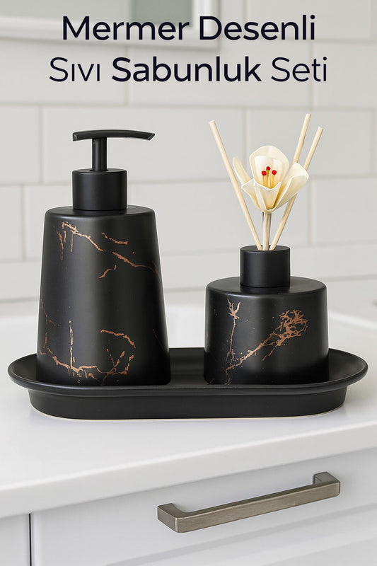 Modern Mermer Desenli Banyo Seti | Siyah Gold Detaylı 2'li Set