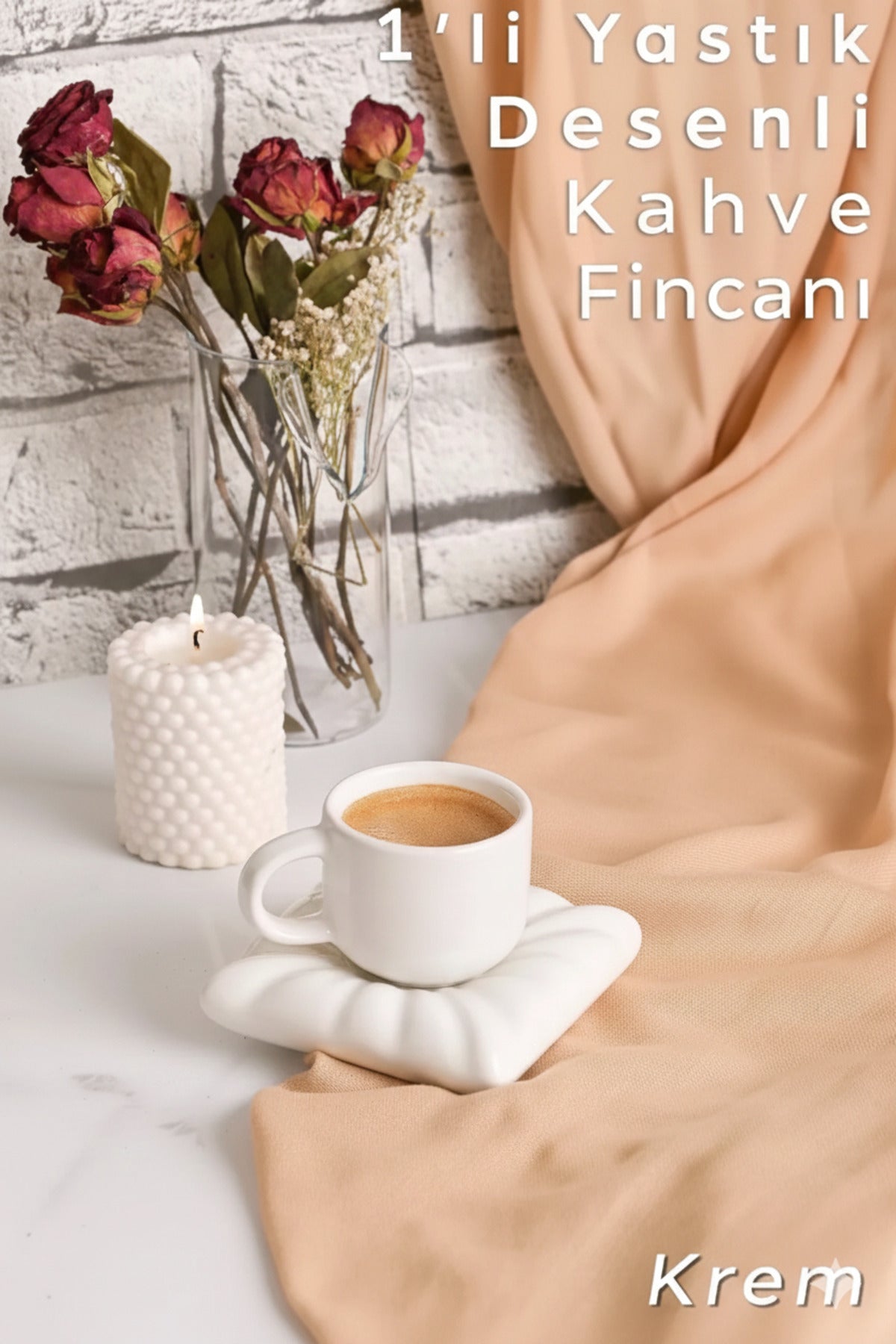 Mona 1 Set Yastık Model Kahve Fincanı 90 ml Beyaz | Minder Figürlü Türk Kahvesi Fincanı