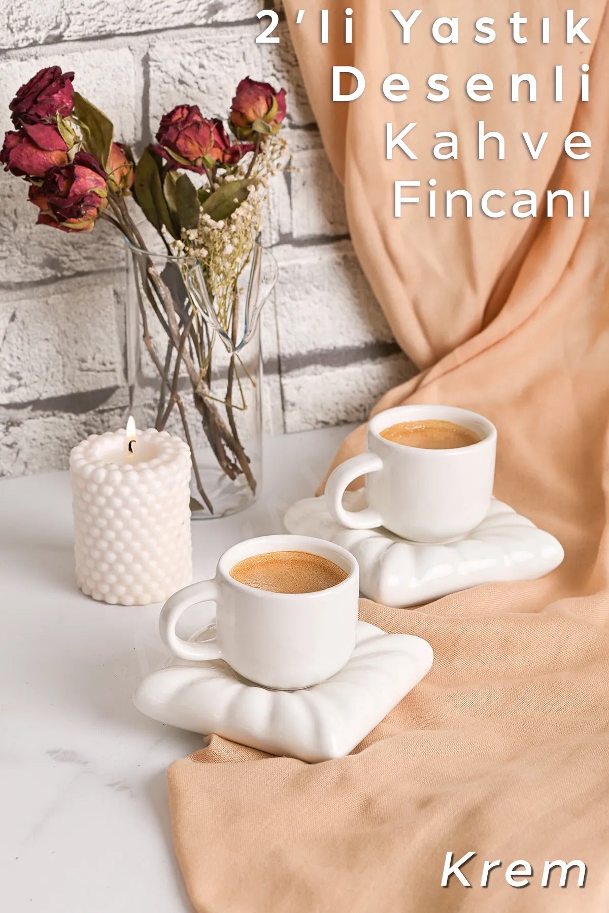 Mona 2 Set (4 Parça) Yastık Model Kahve Fincanı 90 ml Beyaz | Minder Figürlü Türk Kahvesi Fincanı