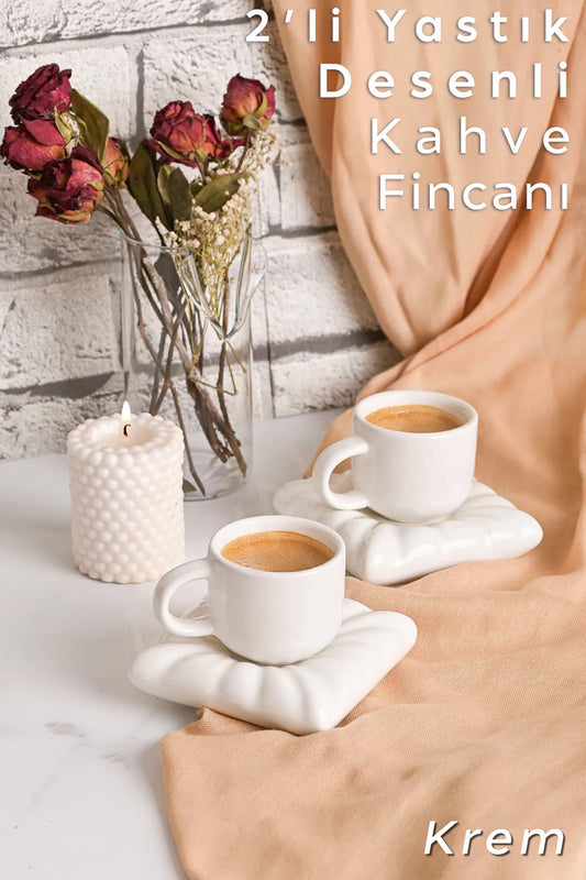 Mona 2 Set (4 Parça) Yastık Model Kahve Fincanı 90 ml Beyaz | Minder Figürlü Türk Kahvesi Fincanı