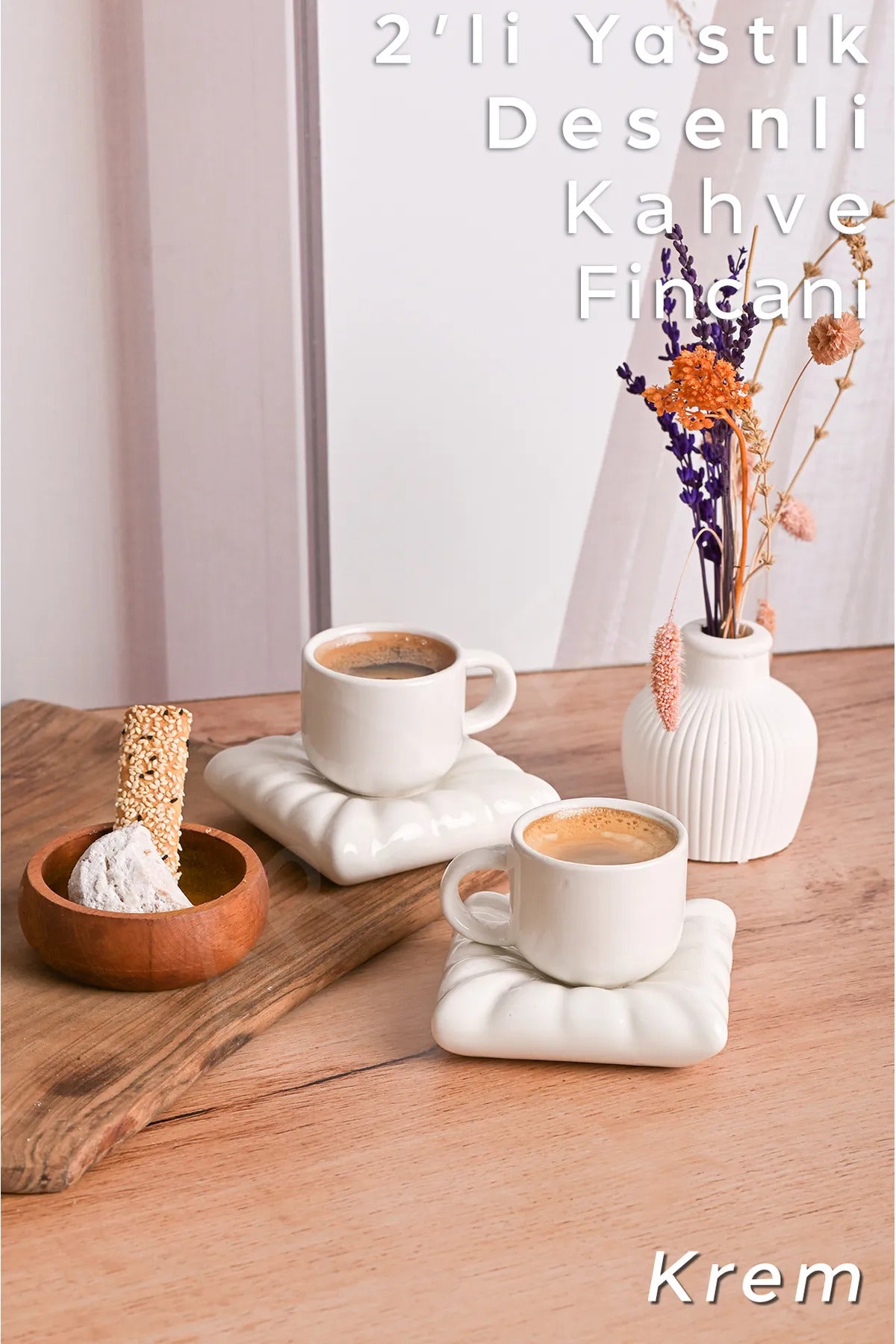 Mona 2 Set (4 Parça) Yastık Model Kahve Fincanı 90 ml Beyaz | Minder Figürlü Türk Kahvesi Fincanı