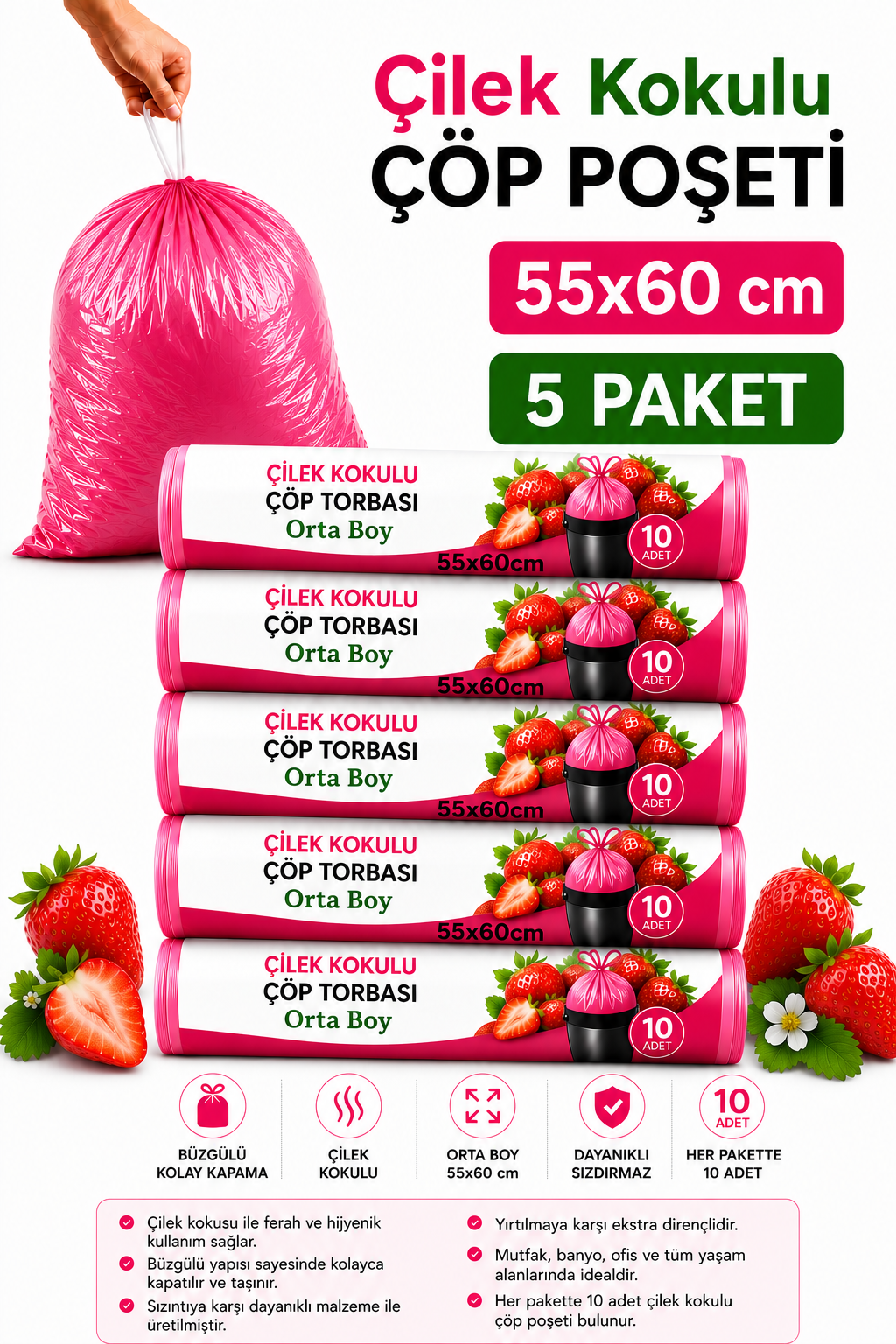 Orta Boy 55X60 Çilek Kokulu Büzgülü Çöp Poşeti 50 Adet ( 5 PAKET ) Çöp Torbası 40 Litre.
