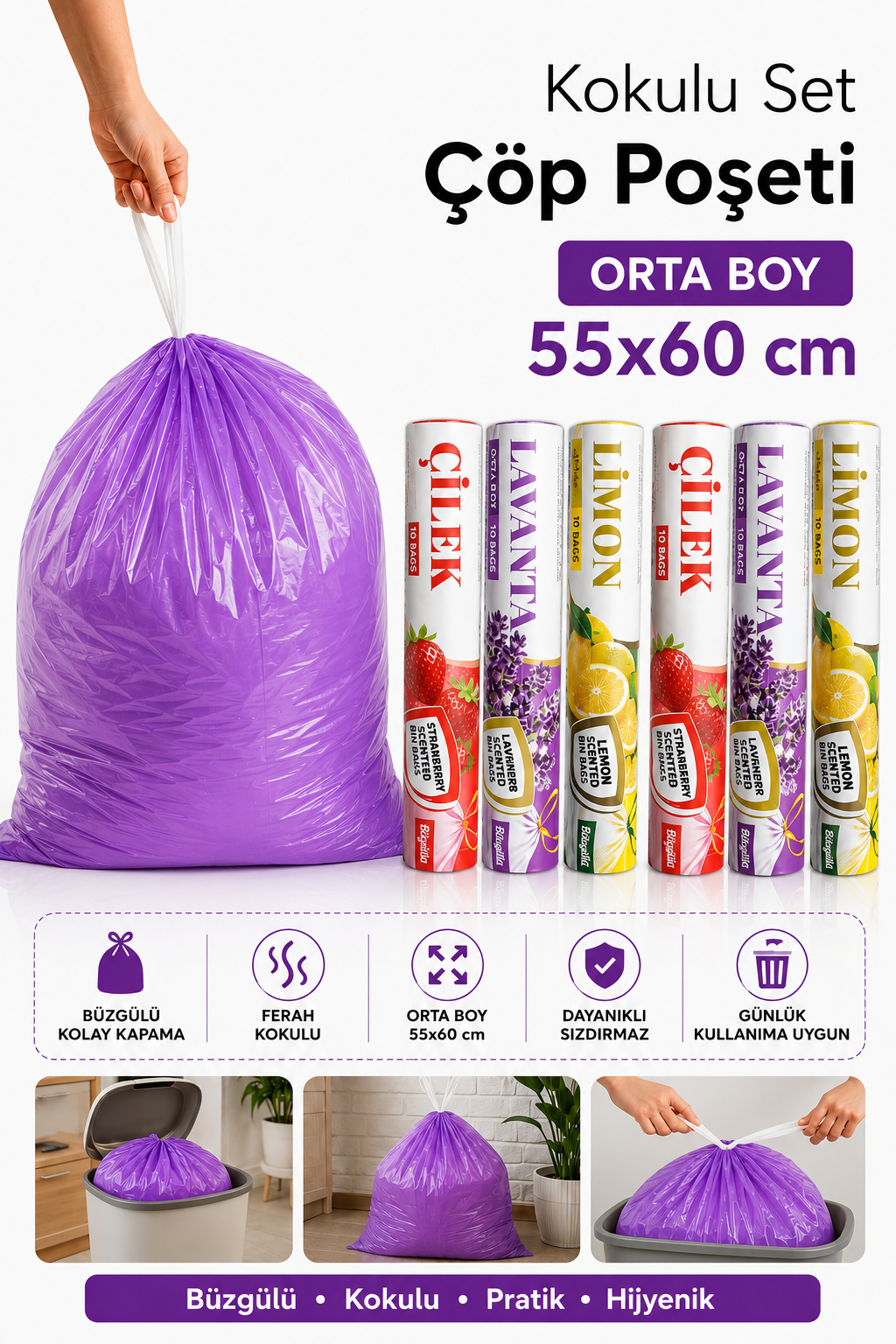 Orta Boy 55X60 Karışık Kokulu Büzgülü Çöp Poşeti 60 Adet(6 PAKET ) Çöp Torbası 40 Litre Çilek-Lavanta-Limon