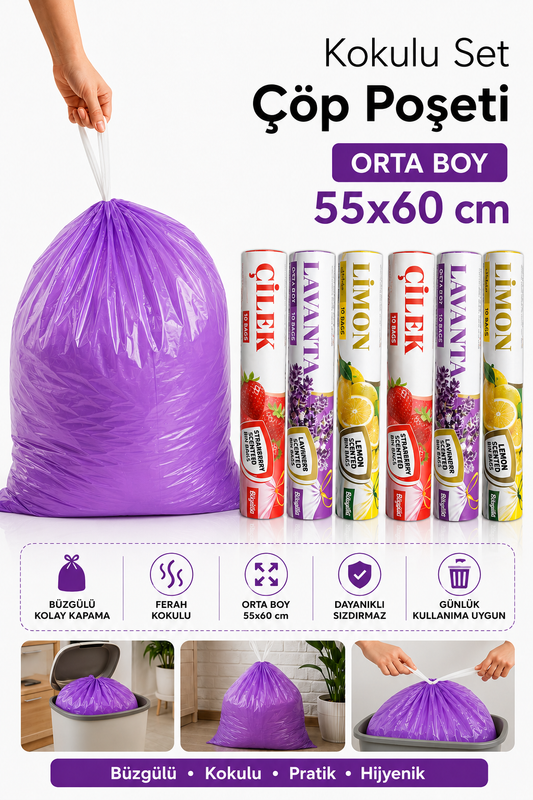Orta Boy 55X60 Karışık Kokulu Büzgülü Çöp Poşeti 60 Adet(6 PAKET ) Çöp Torbası 40 Litre Çilek-Lavanta-Limon