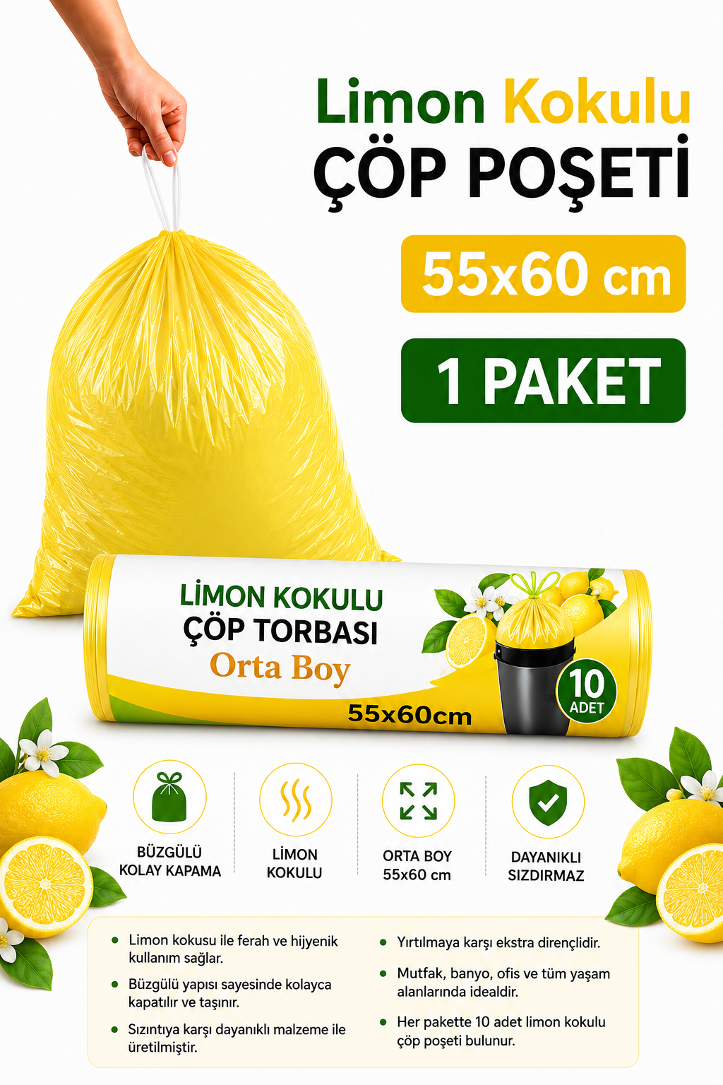 Orta Boy 55X60 Limon Kokulu Büzgülü Çöp Poşeti 10 Adet( 1 PAKET ) Çöp Torbası 40 Litre