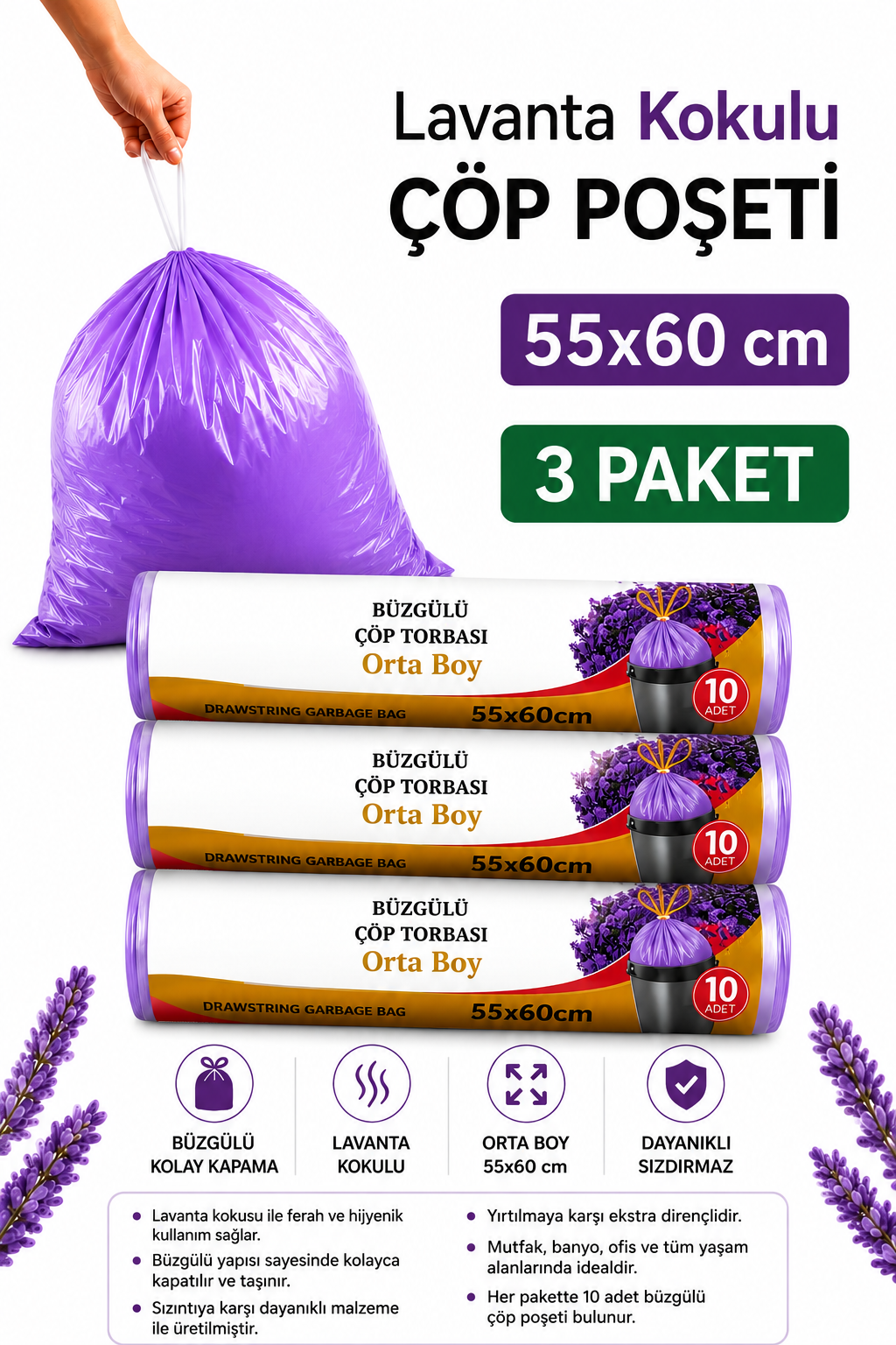 Orta Boy 55X60 Lavanta Kokulu Büzgülü Çöp Poşeti 30 Adet ( 3 PAKET ) Çöp Torbası 40 Litre