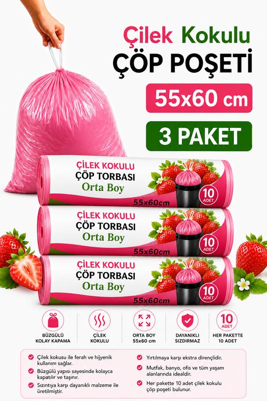 Orta Boy 55X60 Çilek Kokulu Büzgülü Çöp Poşeti 30 Adet ( 3 PAKET ) Çöp Torbası 40 Litre