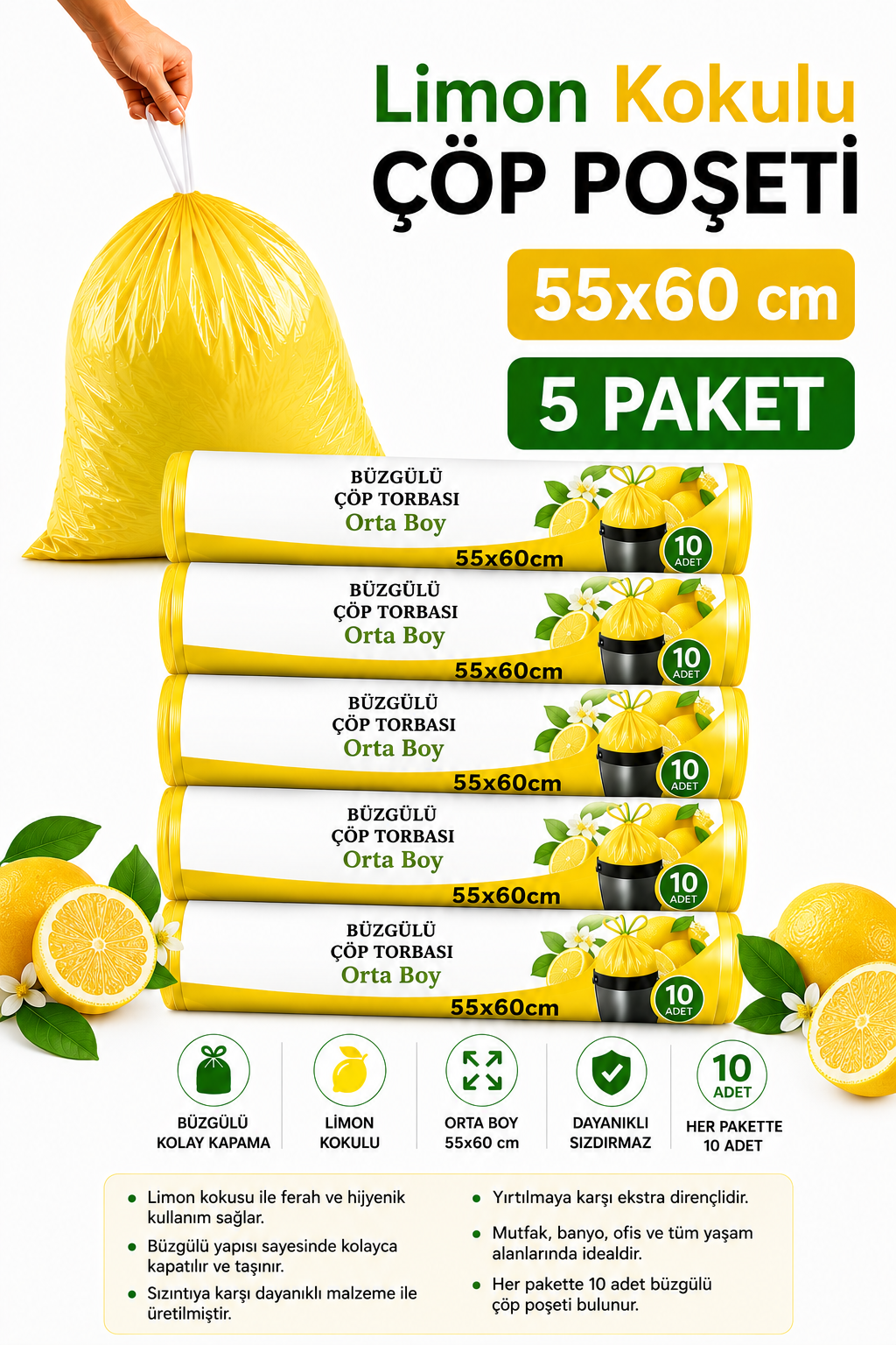 Orta Boy 55X60 Limon Kokulu Büzgülü Çöp Poşeti 50 Adet ( 5 PAKET ) Çöp Torbası 40 Litre