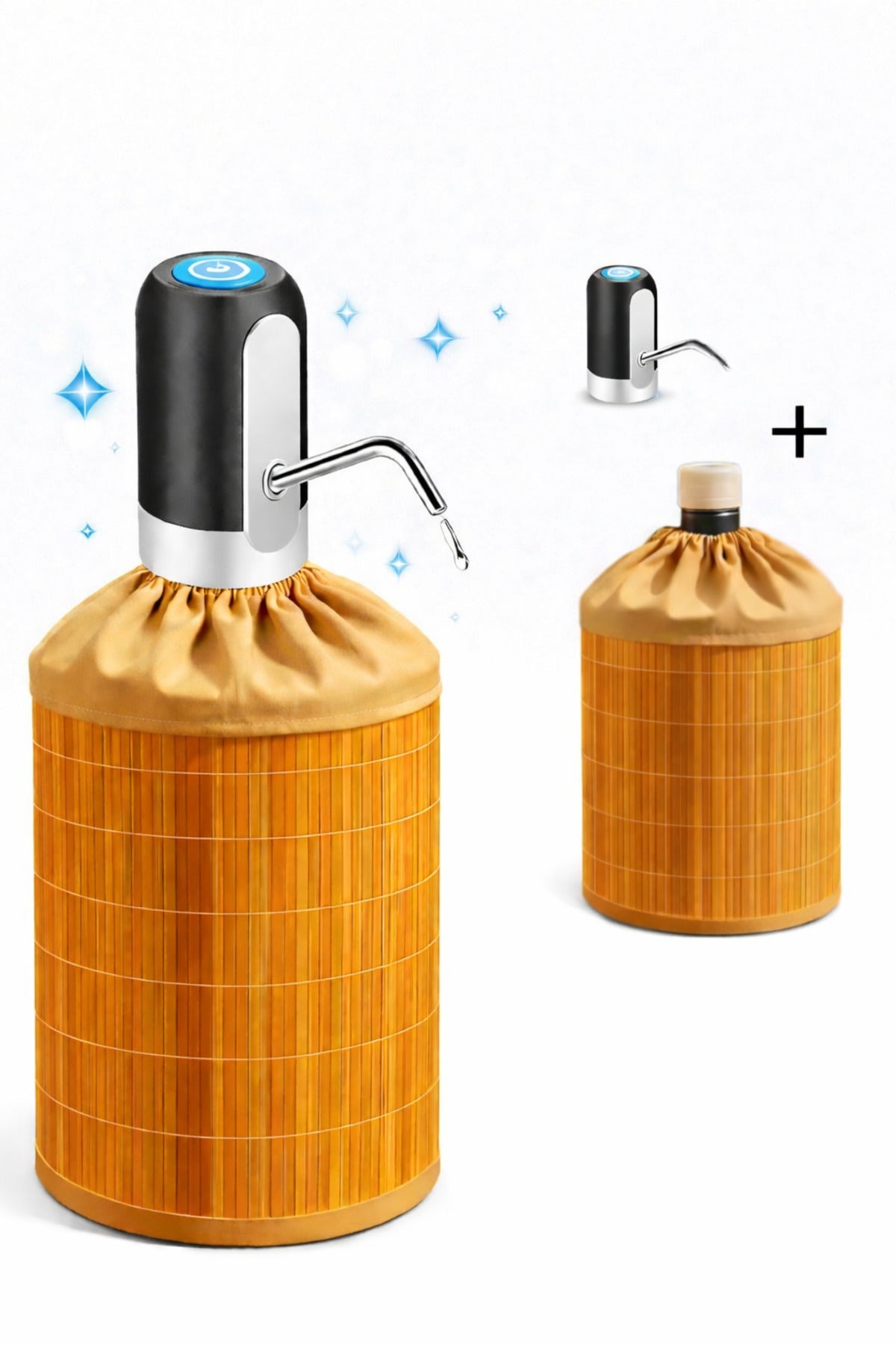 Otomatik Şarjlı Su Pompası + Bambu Kaplı Damacana Kılıfı Seti
