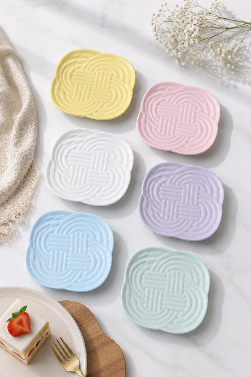 Özel Üretim Riki 6 Adet Pasta Tabağı 18,5 Cm Japon Örgü Tasarım Mikrodalgada Kullanılabilir