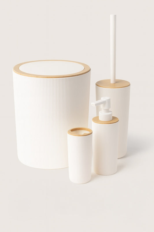Quardi Banyo Seti Modern Çizgili Beyaz- 7 litre Kova 4 Parça Banyo Çöp Kovası Seti