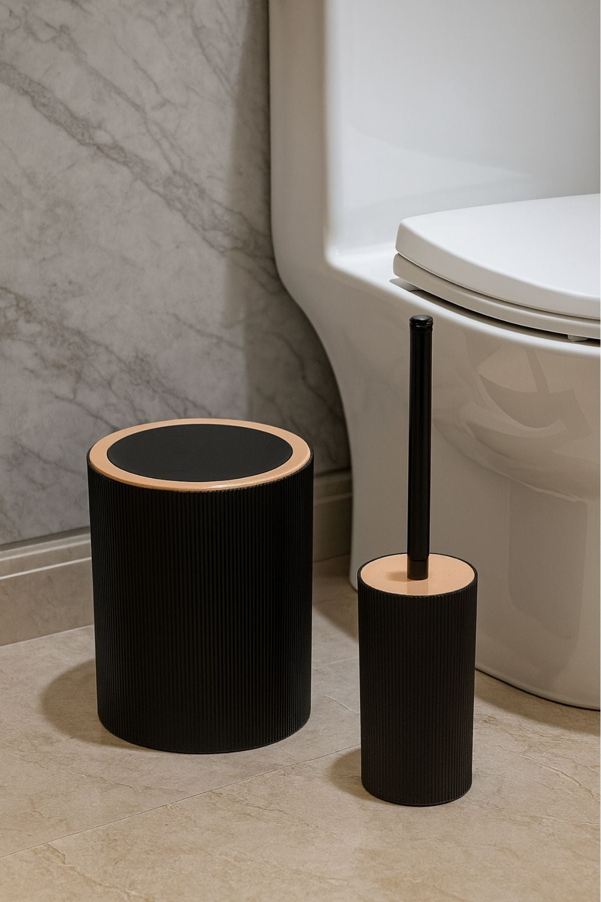 Quardi Banyo Seti Modern Çizgili Gri- 7 litre Kova 4 Parça Banyo Çöp Kovası Seti
