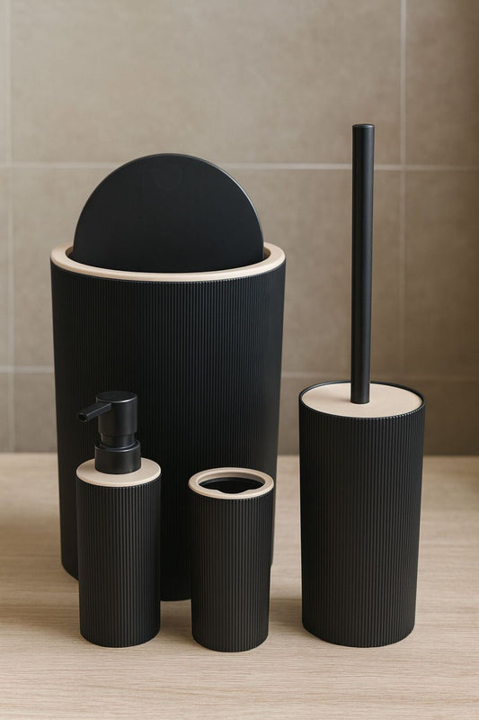 Quardi Banyo Seti Modern Çizgili Siyah- 7 litre Kova 4 Parça Banyo Çöp Kovası Seti