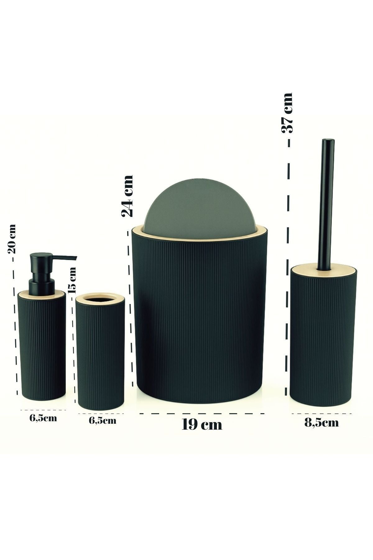 Quardi Banyo Seti Modern Çizgili Siyah- 7 litre Kova 4 Parça Banyo Çöp Kovası Seti