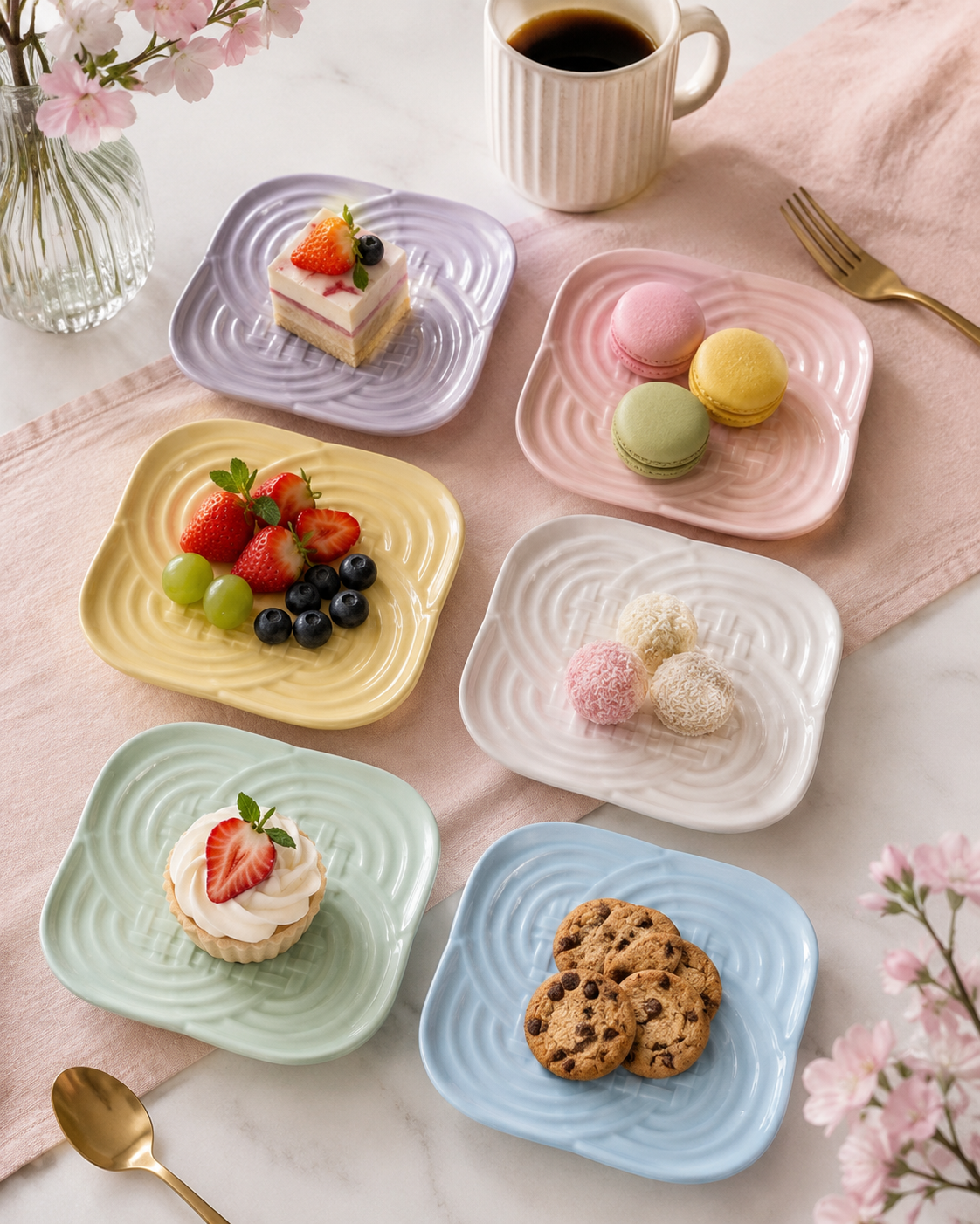 Riki 6 Adet Renkli Pasta Tabağı 18 Cm Japon Örgü Tasarım Mikrodalgada Kullanılabilir