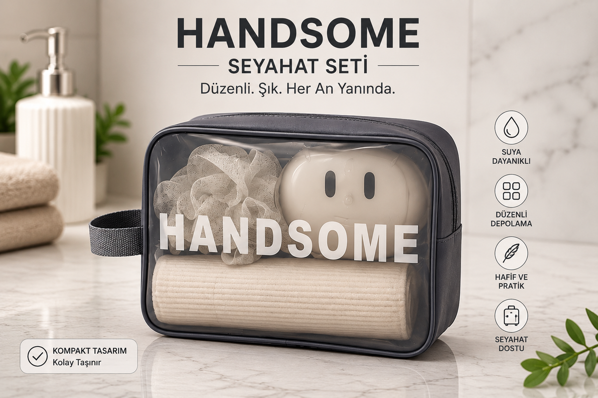 HANDSOME Seyahat Seti | Şeffaf Organizer Çanta ile Duş Lifi, Sabunluk, Tarak