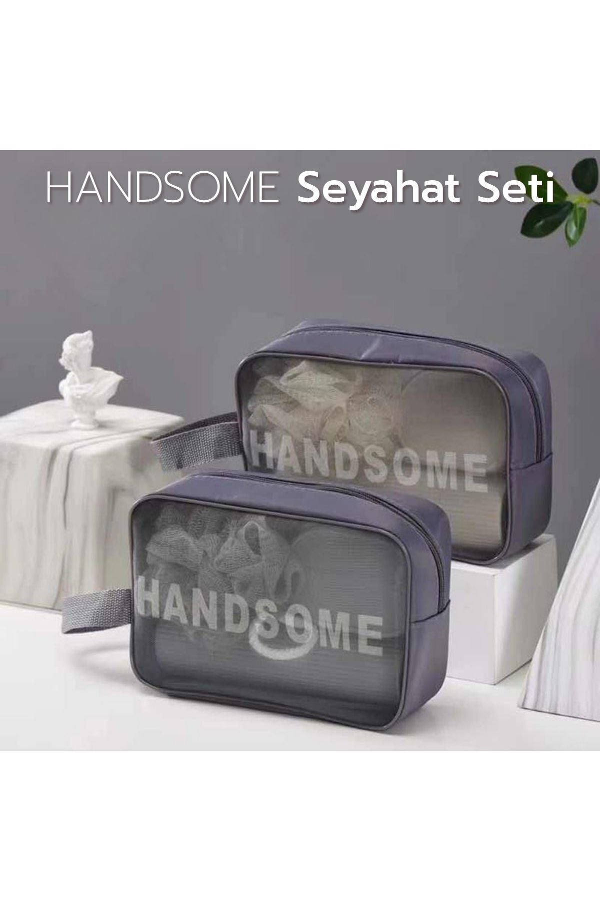 HANDSOME Seyahat Seti | Şeffaf Organizer Çanta ile Duş Lifi, Sabunluk, Tarak