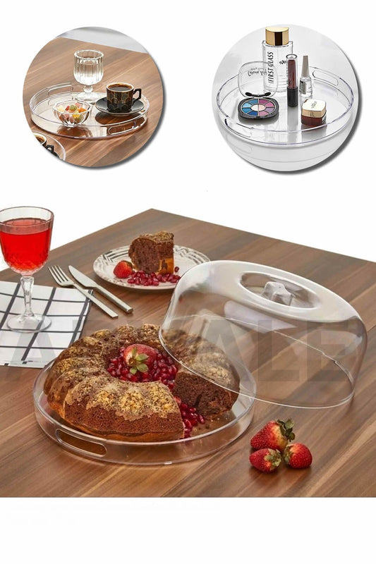 Şık Kristal Yuvarlak Kek Fanusu Tutma Saplı 27 Cm Ikramlık Sunumluk
