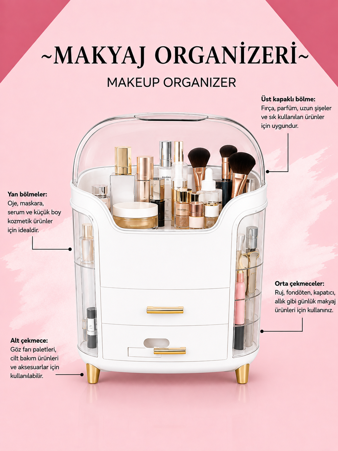 Beyaz Kapaklı Makyaj Organizeri 3 Çekmeceli Kozmetik ve Parfüm Düzenleyici 37x30 cm
