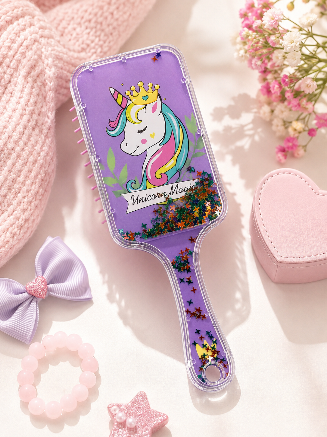 Unicorn Desenli Çocuk Saç Tarağı | Simli Yıldızlı Dolaşık Açıcı Saç Fırçası | Kız Çocuk Tarak