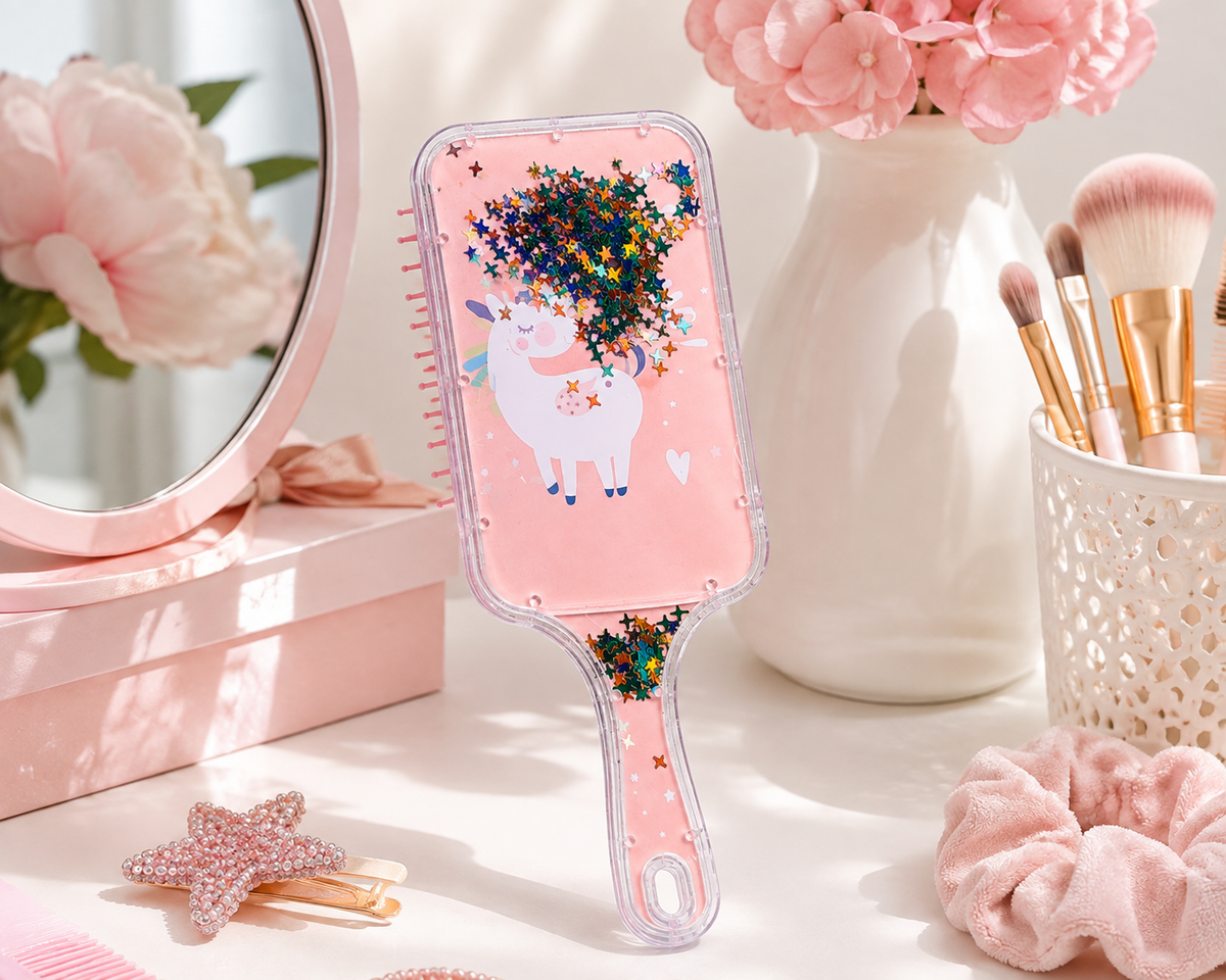 Unicorn Desenli Çocuk Saç Tarağı | Simli Yıldızlı Dolaşık Açıcı Saç Fırçası | Kız Çocuk Tarak