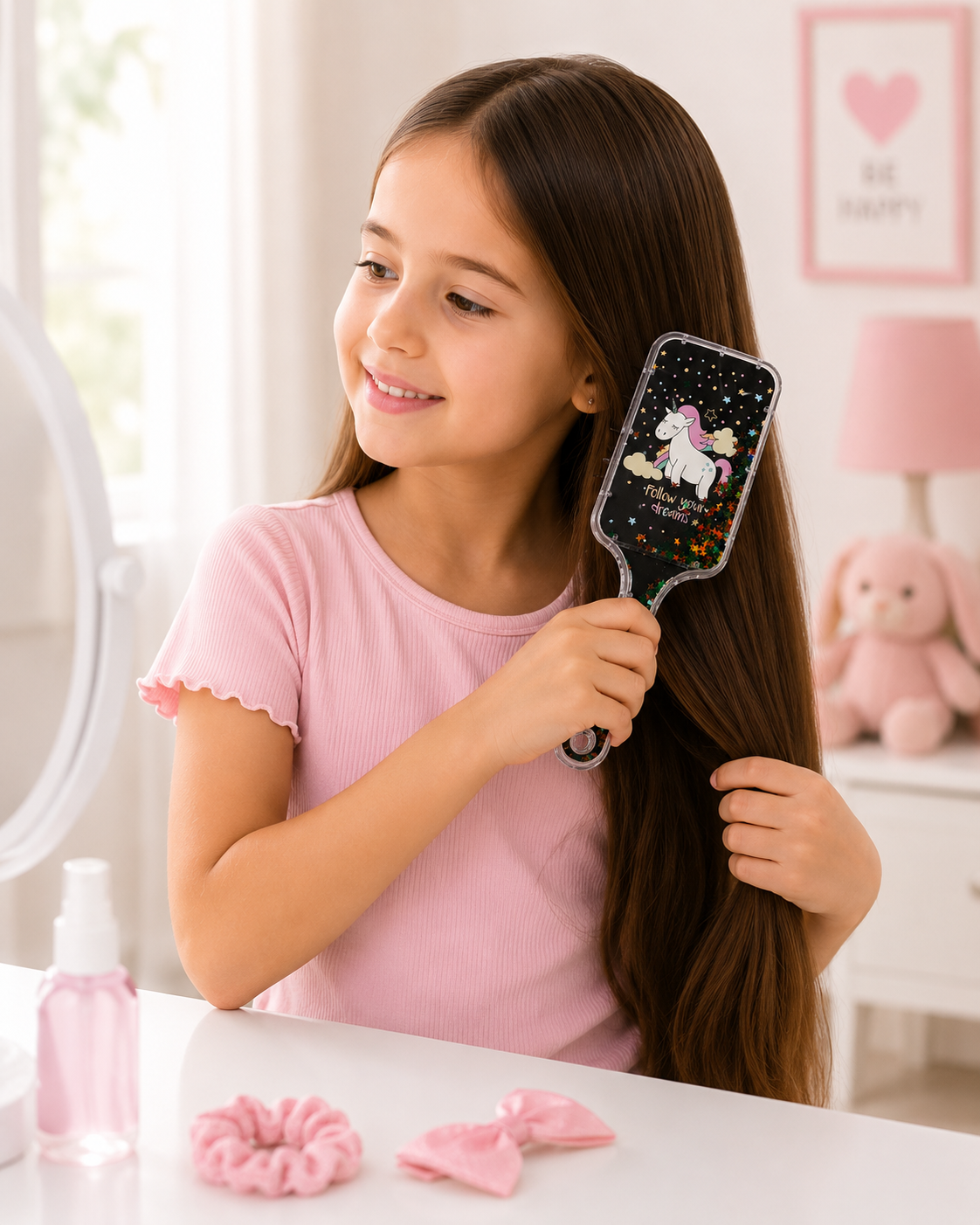 Unicorn Desenli Çocuk Saç Tarağı | Simli Yıldızlı Dolaşık Açıcı Saç Fırçası | Kız Çocuk Tarak