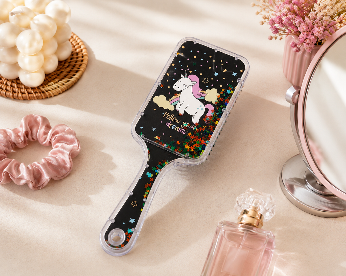 Unicorn Desenli Çocuk Saç Tarağı | Simli Yıldızlı Dolaşık Açıcı Saç Fırçası | Kız Çocuk Tarak