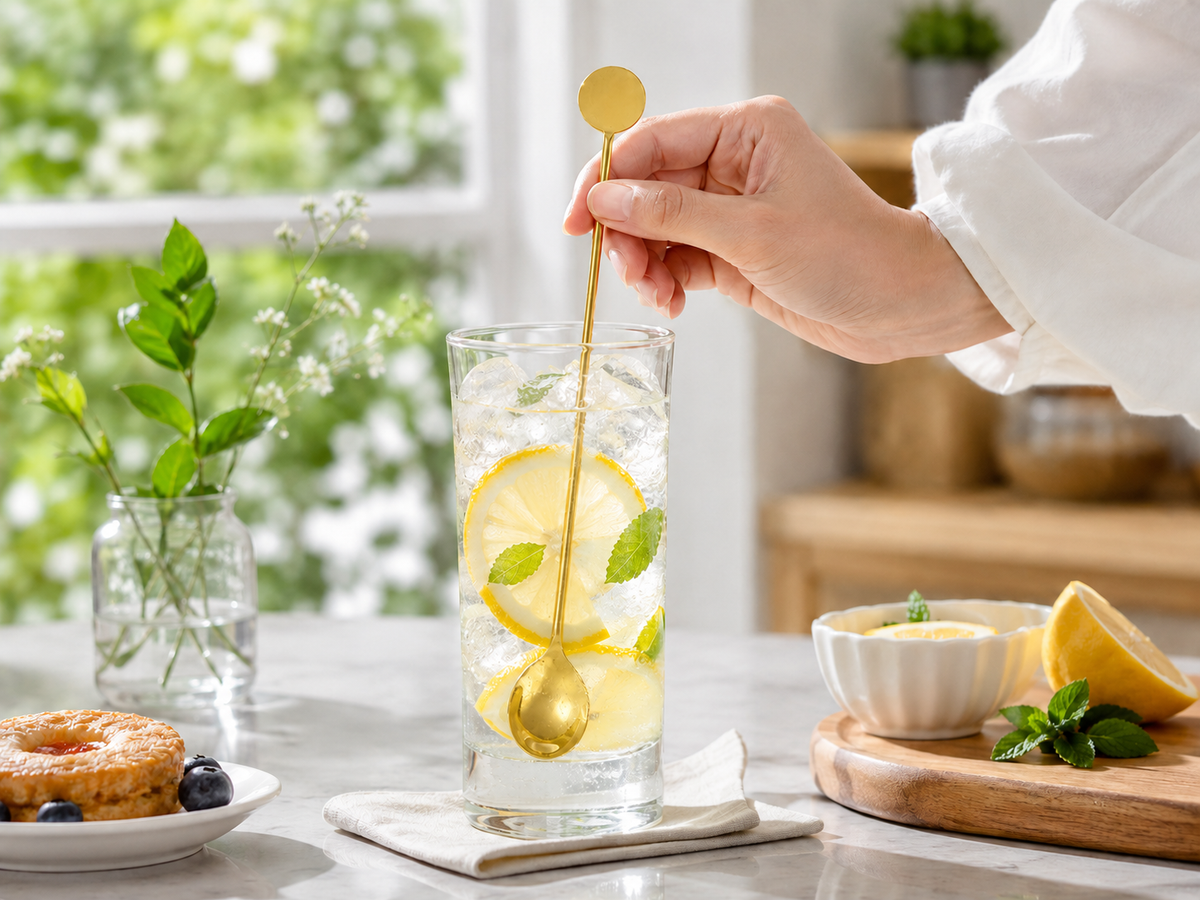 Uzun Saplı Gold Karıştırma Kaşığı – Yuvarlak Uçlu Kokteyl, Kahve, Latte ve Soğuk İçecek Kaşığı