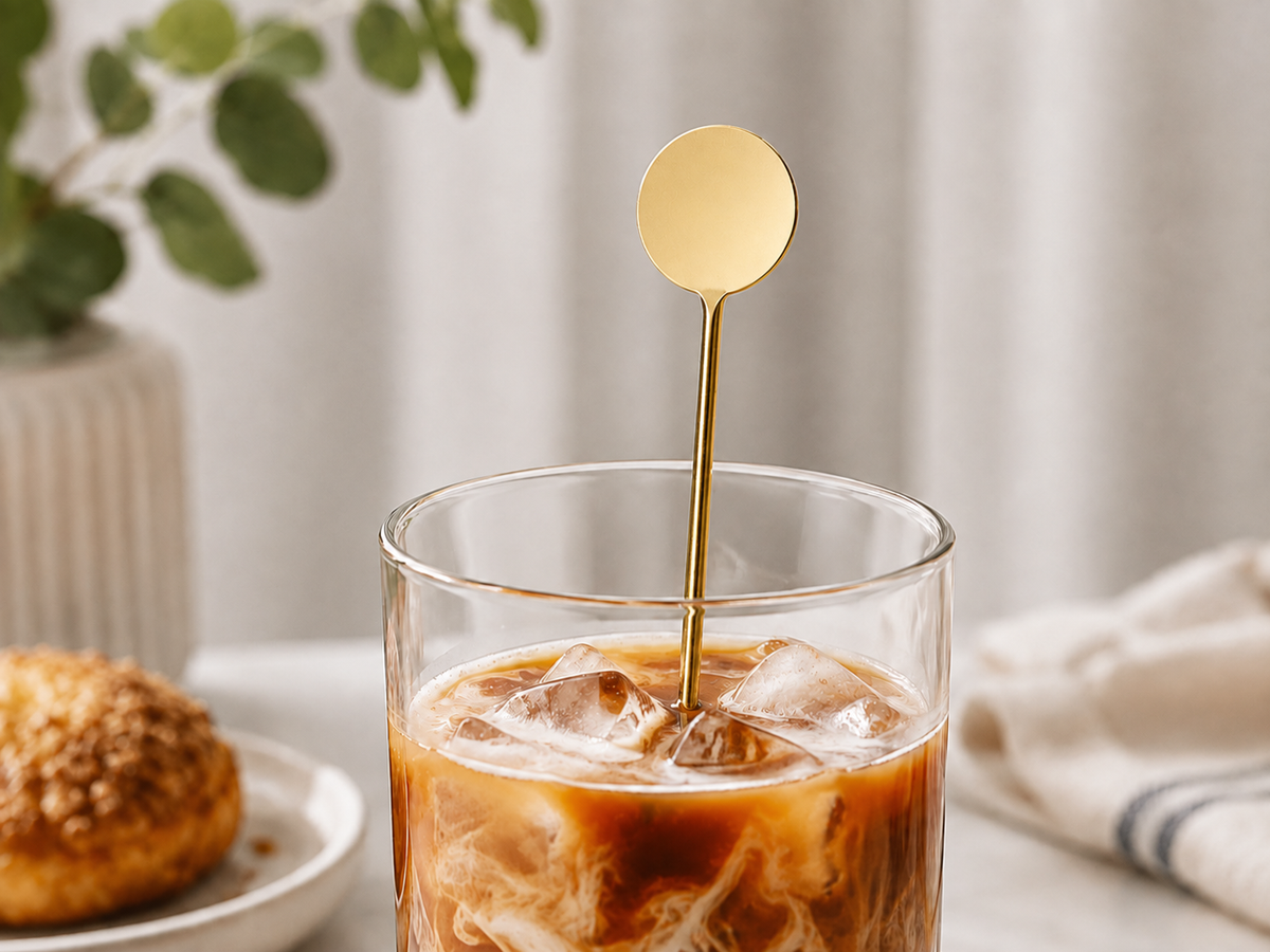Uzun Saplı Gold Karıştırma Kaşığı – Yuvarlak Uçlu Kokteyl, Kahve, Latte ve Soğuk İçecek Kaşığı