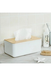 Bambu Kapaklı Peçetelik Sunumluk | 21 x 13 x 9 cm Beyaz Renk 1 Adet