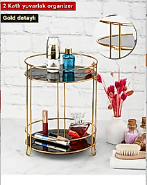 2 Katlı Gold Kozmetik Takı Düzenleyici Banyo Makyaj Organizeri | Yuvarlak