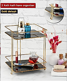 2 Katlı Gold Kozmetik Takı Düzenleyici Banyo Makyaj Organizeri | Kare