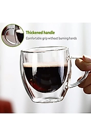 Çift Camlı Çift Cidarlı Cam Kupa Ev Ofis Fincanı 250 Ml Çift Katlı Isı Yalıtımlı Kulplu Cam Bardak