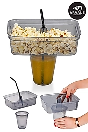 3 Adet Pratik Mısır Cips Kovası Pipetli Bardak Seti - Platin Bardaklı Cips Mısır Kovası