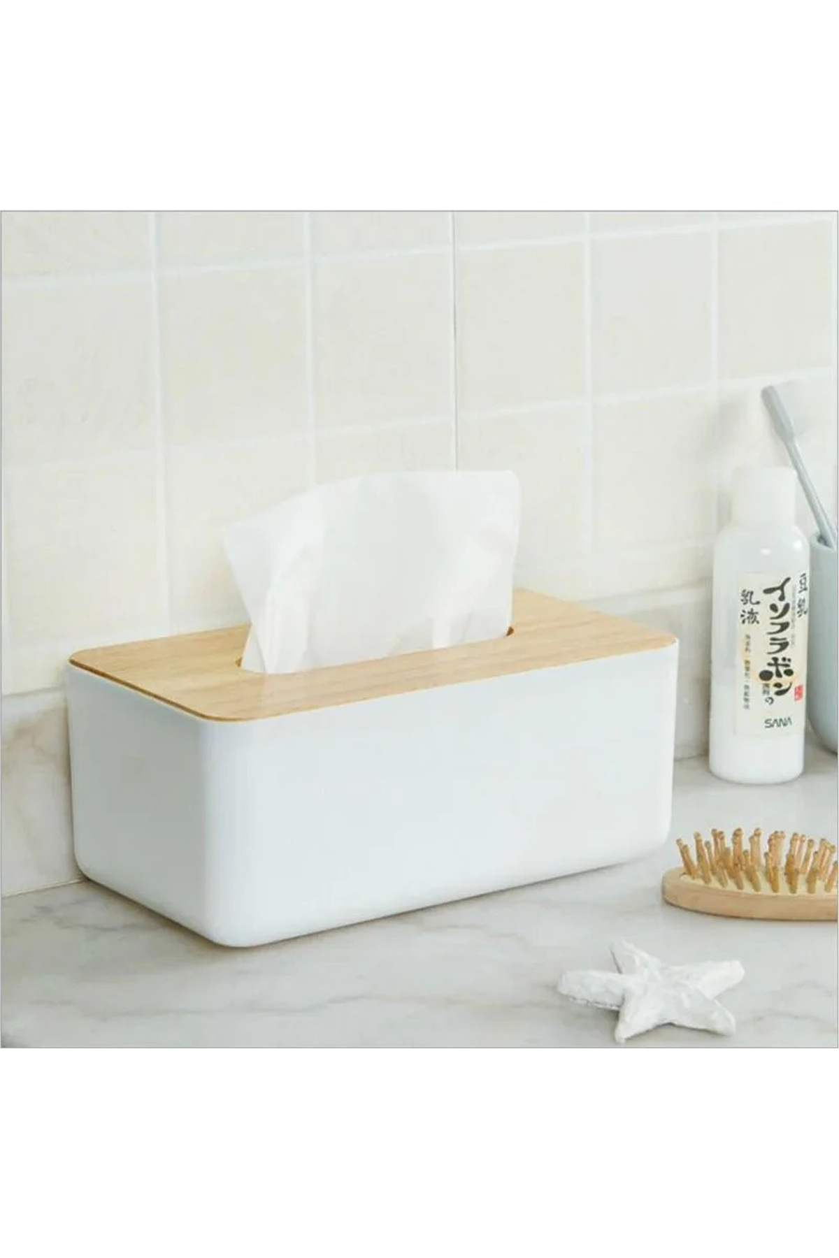 Bambu Kapaklı Peçetelik Sunumluk | 21 x 13 x 9 cm Beyaz Renk 1 Adet