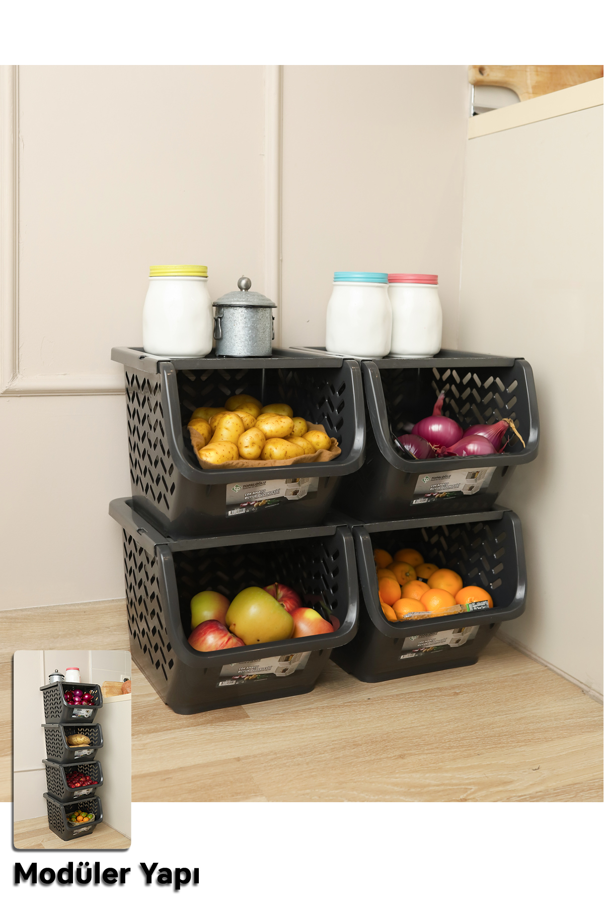 Modüler Patates Soğan Sebze Düzenleyici Organizer | Kapaklı Sebzelik Organizeri 29x32x25 Cm 4 Adet