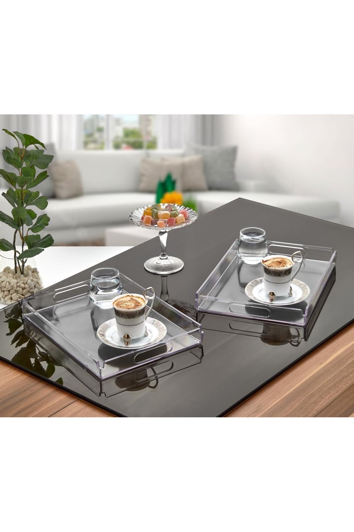 Şık Kristal Tepsili Kek Fanusu Tutma Saplı 25x18 İkramlık Sunumluk