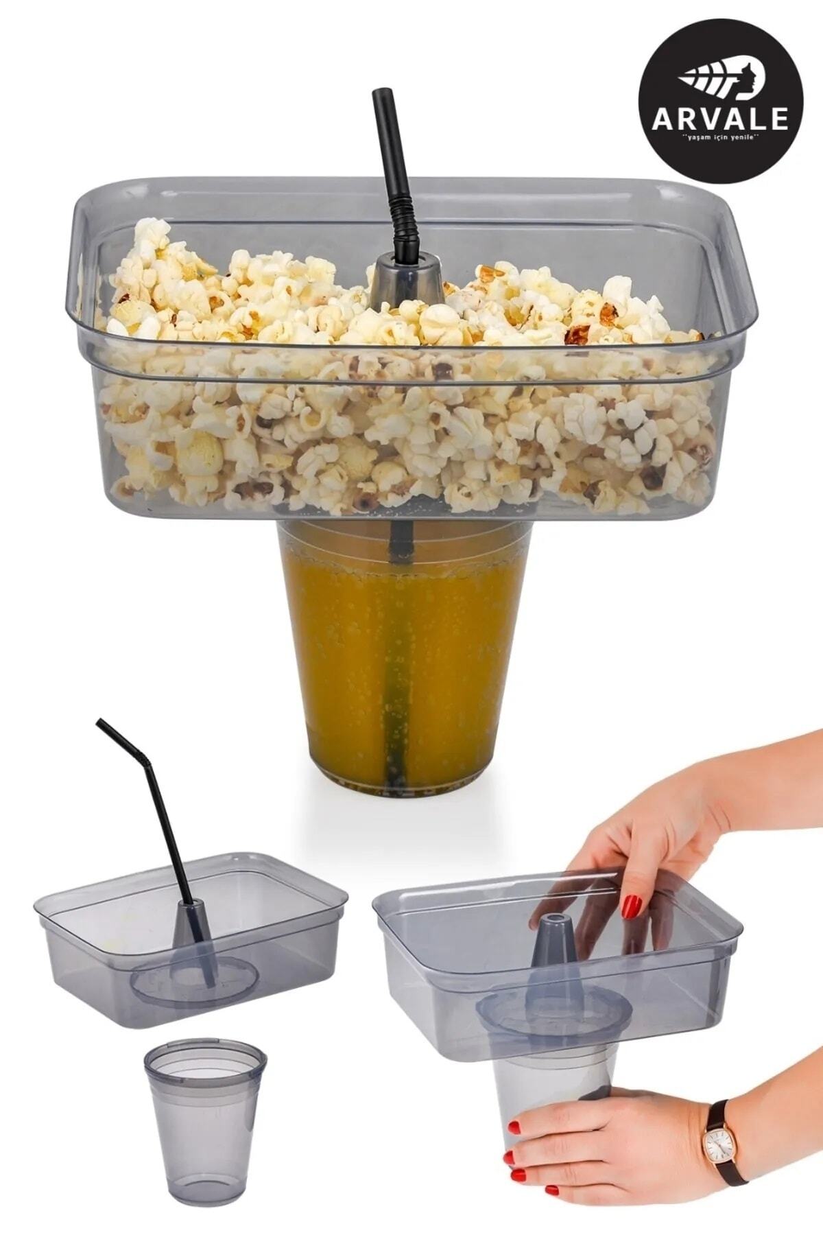 3 Adet Pratik Mısır Cips Kovası Pipetli Bardak Seti - Platin Bardaklı Cips Mısır Kovası