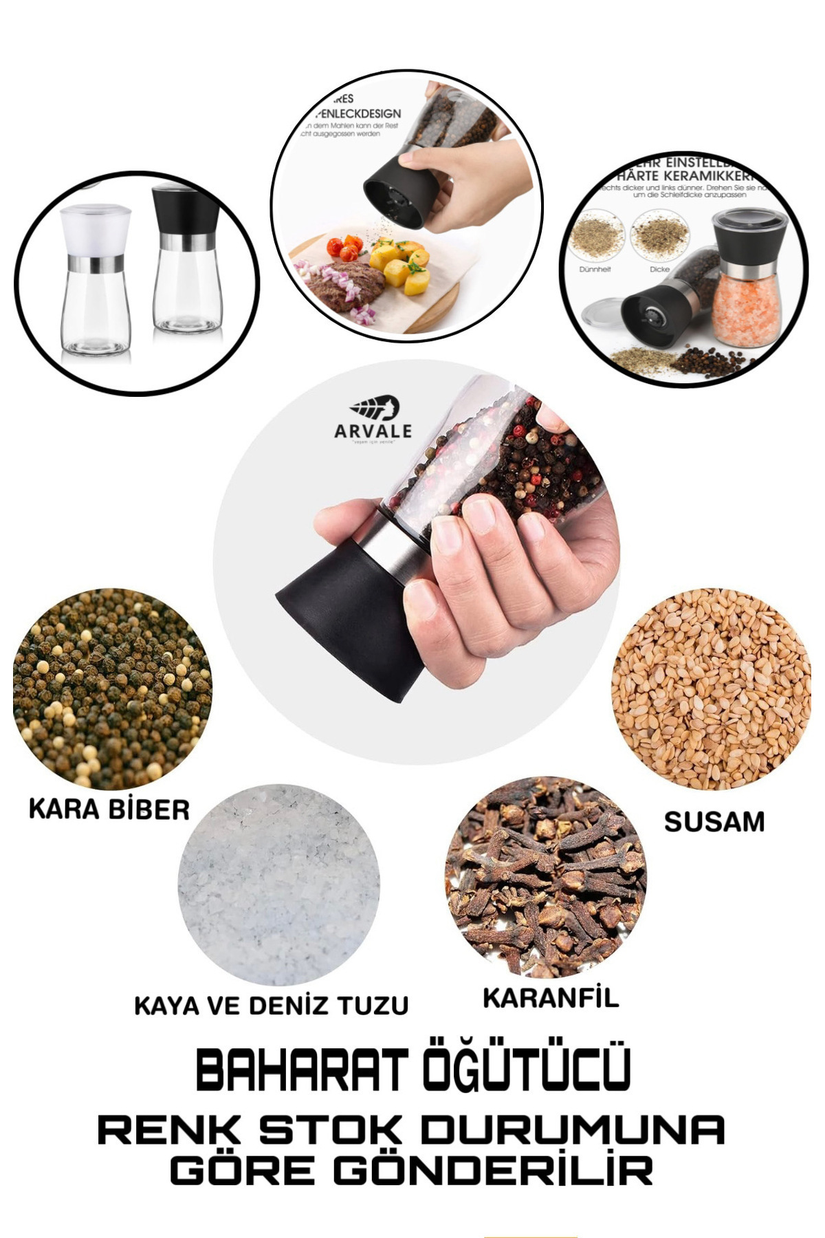 1 Adet Seramik Bıçaklı Tuz, Karabiber, Baharat Değirmeni, Tuz Öğütücü Değirmen